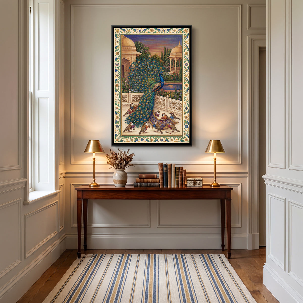 Mughal Peacock — canvas art shown in a second room setting