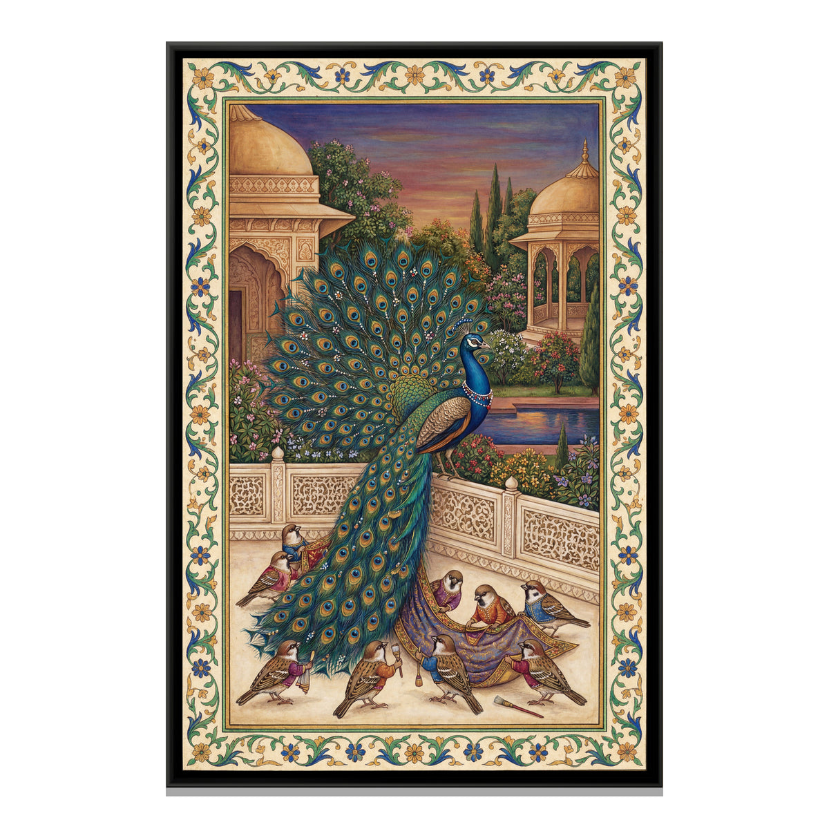 Mughal Peacock — framed canvas print, front view