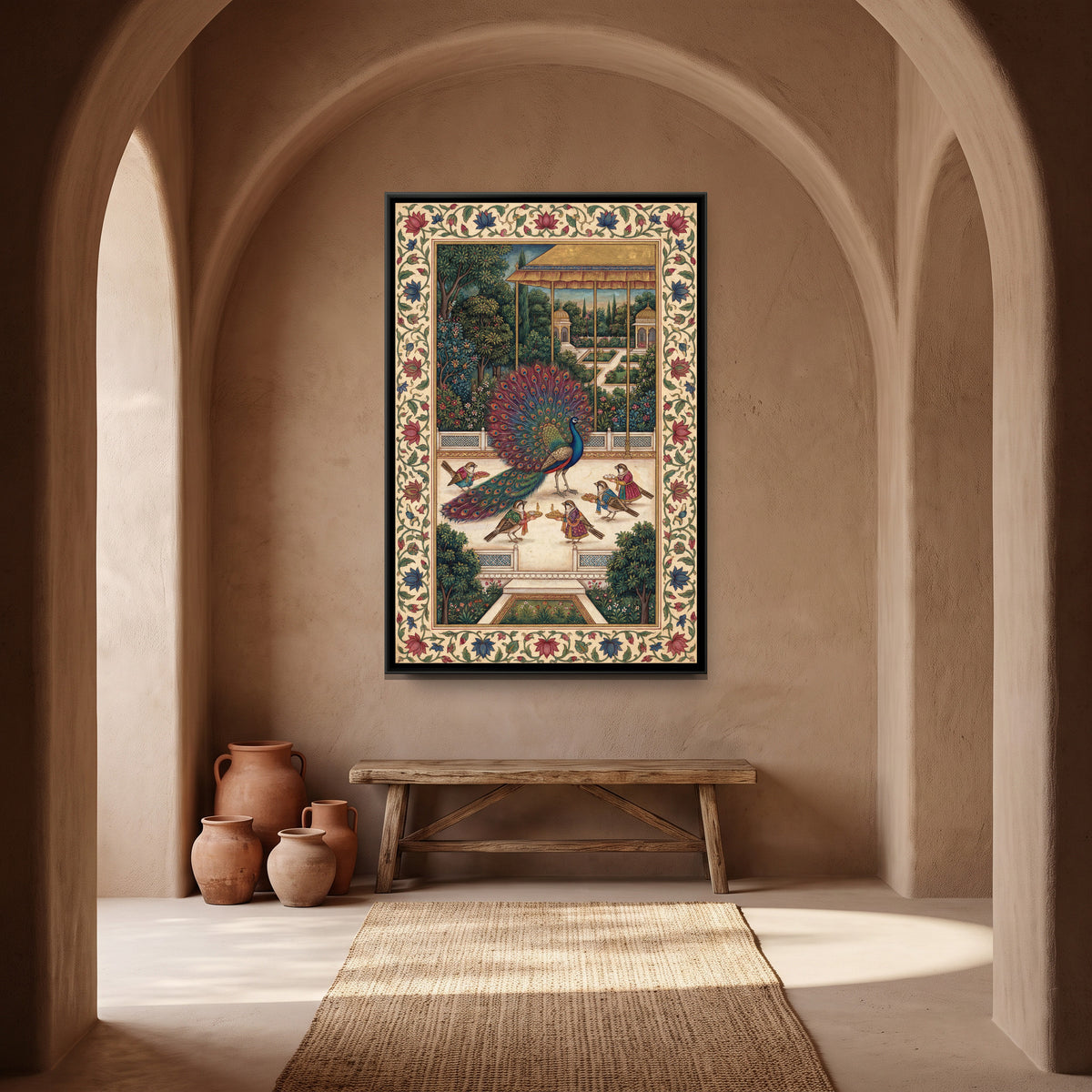 Mughal Peacock — canvas art shown in a styled room