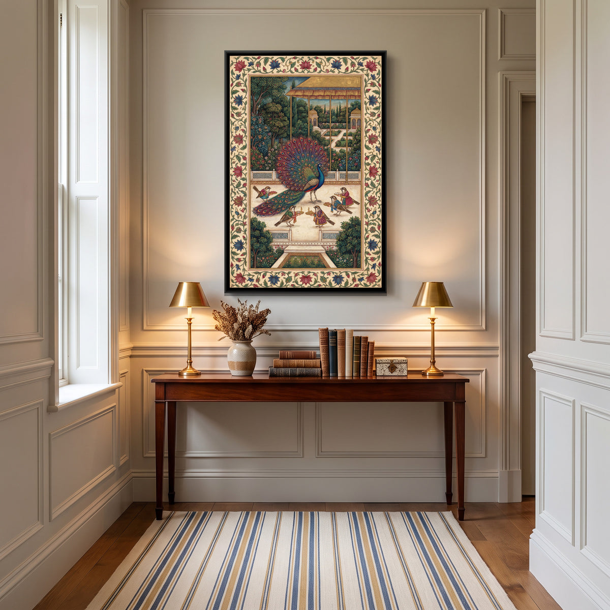 Mughal Peacock — canvas art shown in a second room setting