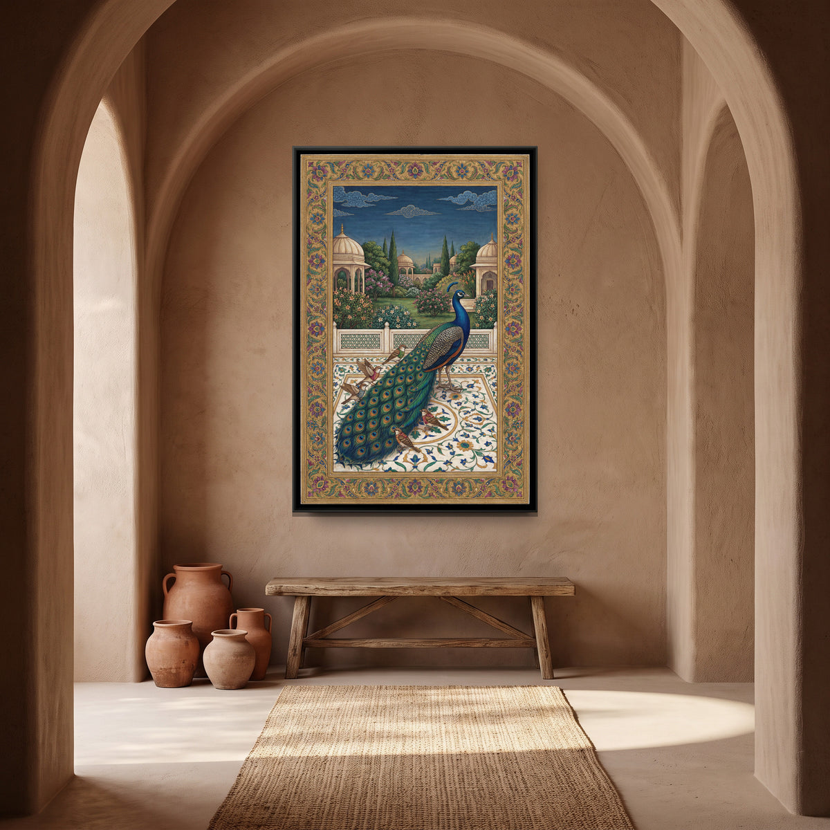 Mughal Peacock — canvas art shown in a styled room