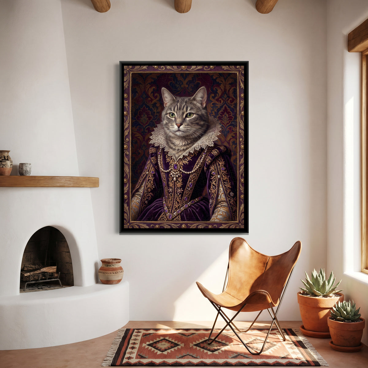 Renaissance Cat Portrait — canvas art shown in a second room setting