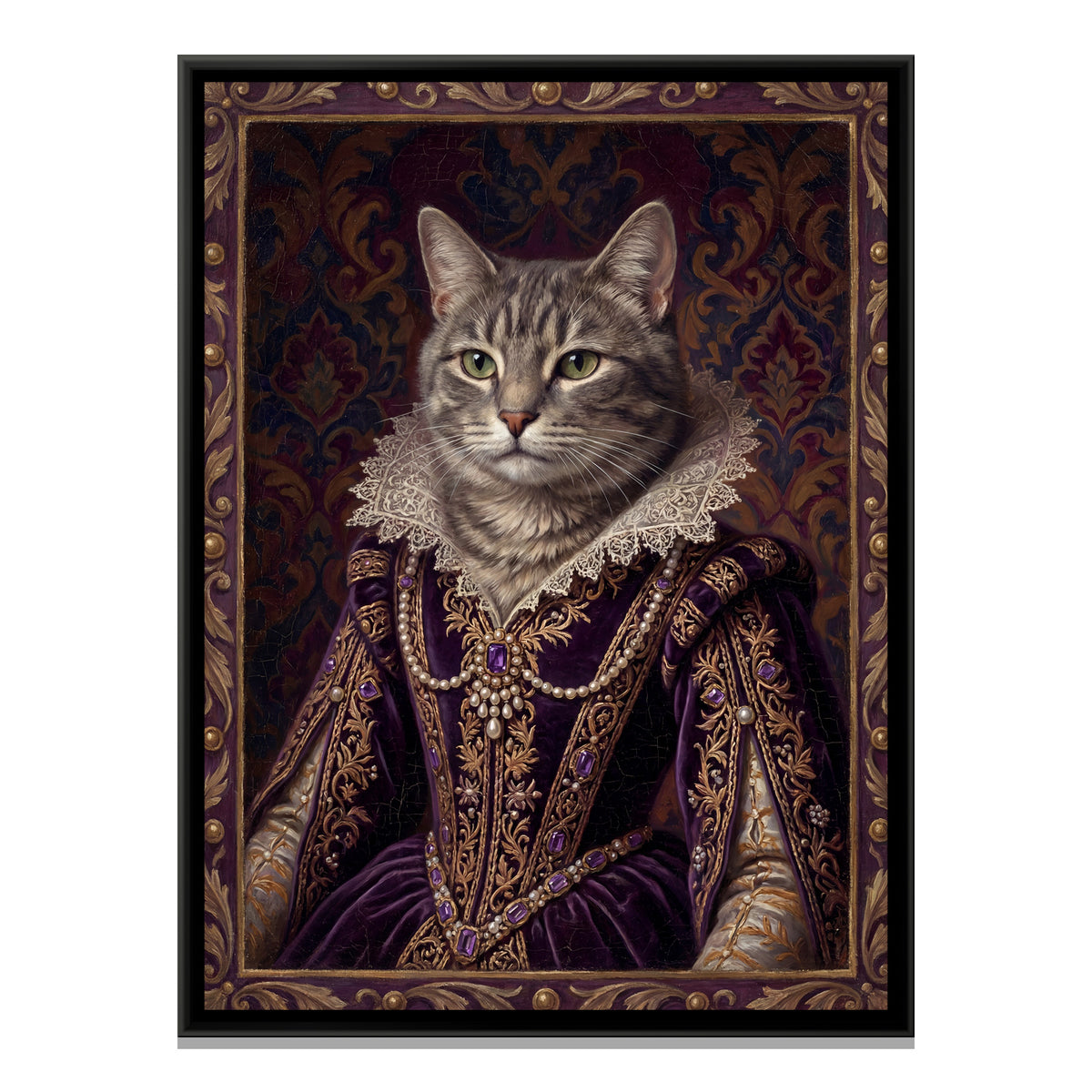 Renaissance Cat Portrait — framed canvas print, front view