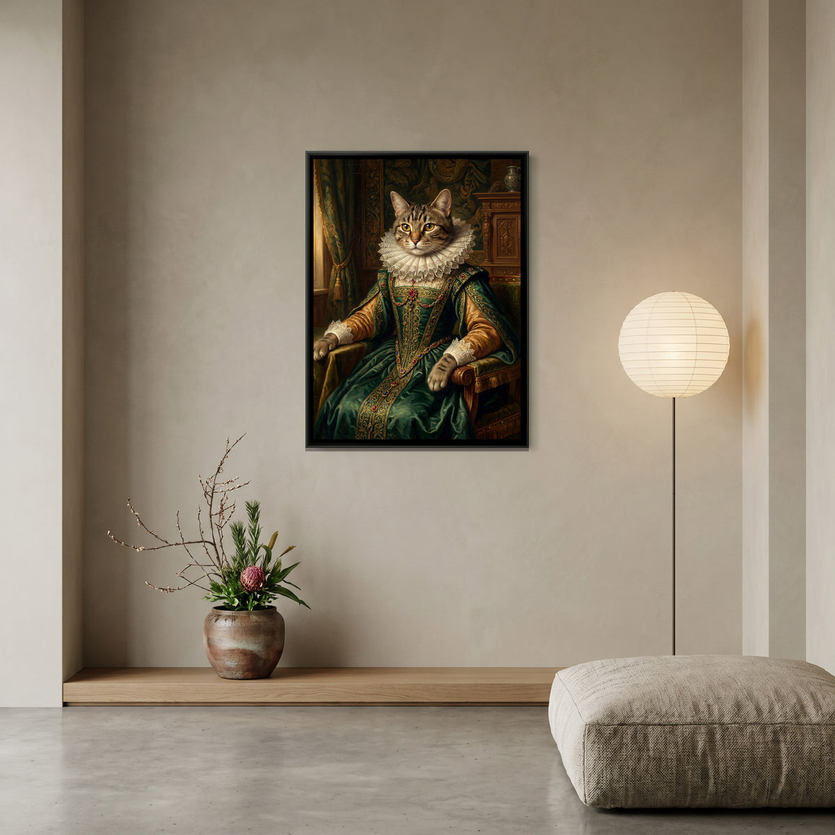 Renaissance Cat Portrait — canvas art shown in a second room setting