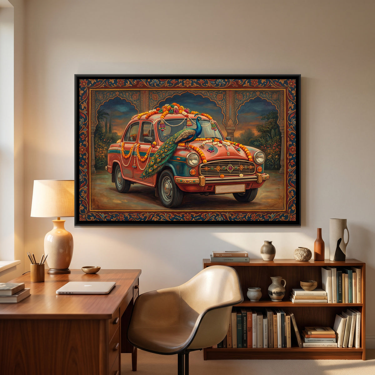 Vintage Car with Peacock — canvas art shown in a second room setting
