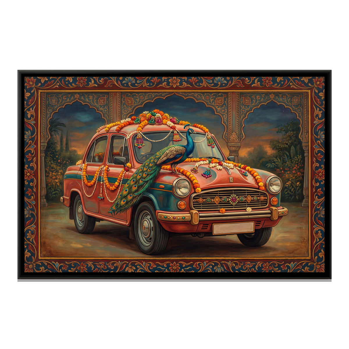 Vintage Car with Peacock — framed canvas print, front view