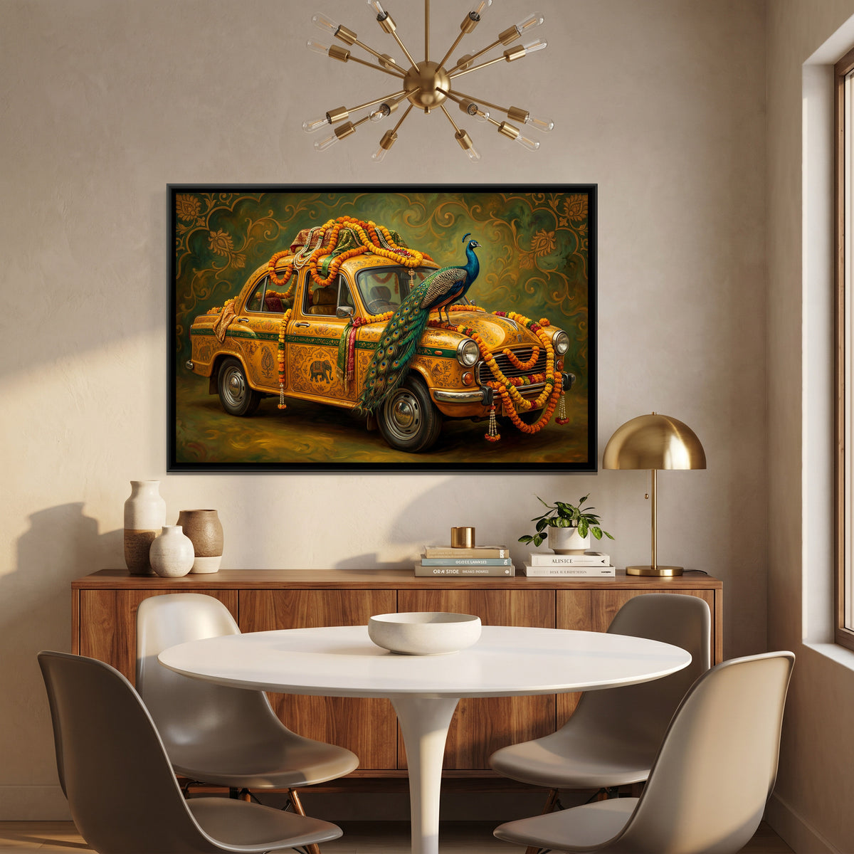 Vintage Car with Peacock — canvas art shown in a styled room
