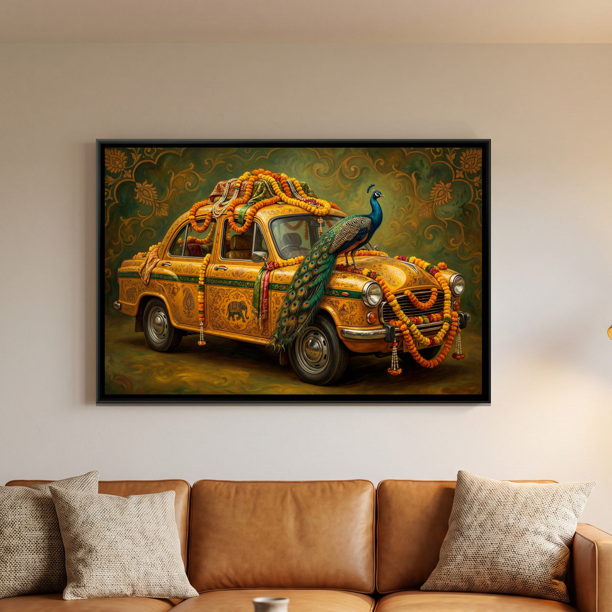 Vintage Car with Peacock — framed canvas art hung on a wall