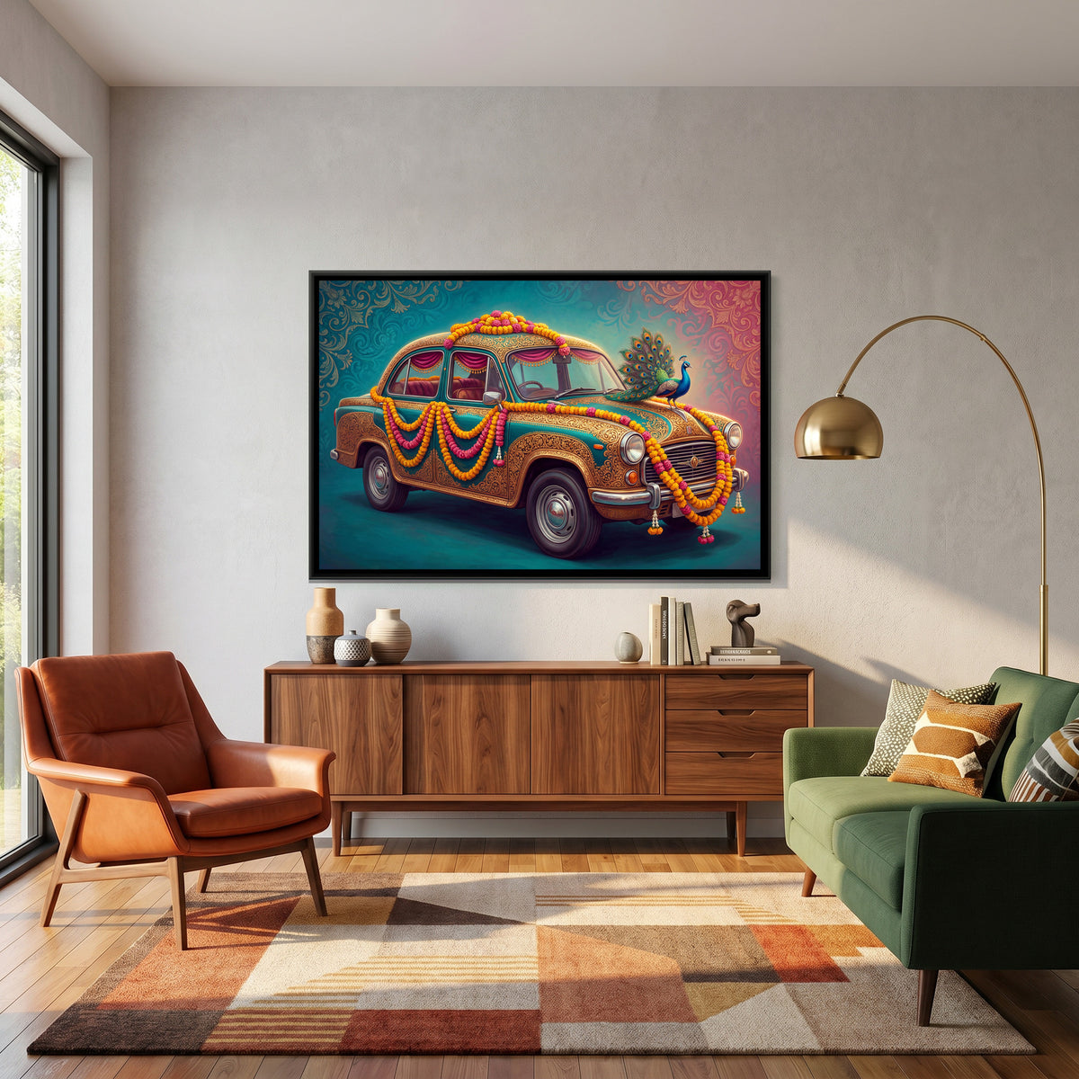 Vintage Car with Peacock — canvas art shown in a second room setting