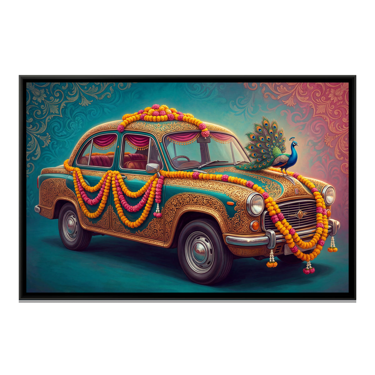 Vintage Car with Peacock — framed canvas print, front view