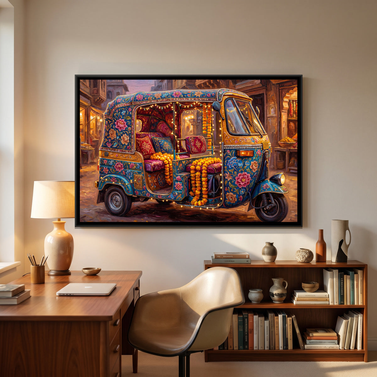 Decorated Auto Rickshaw — canvas art shown in a second room setting