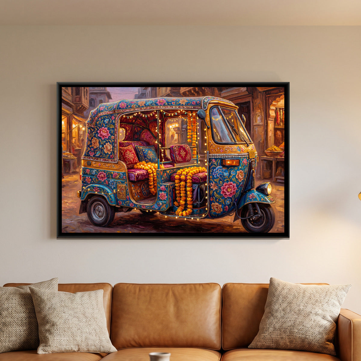 Decorated Auto Rickshaw — framed canvas art hung on a wall