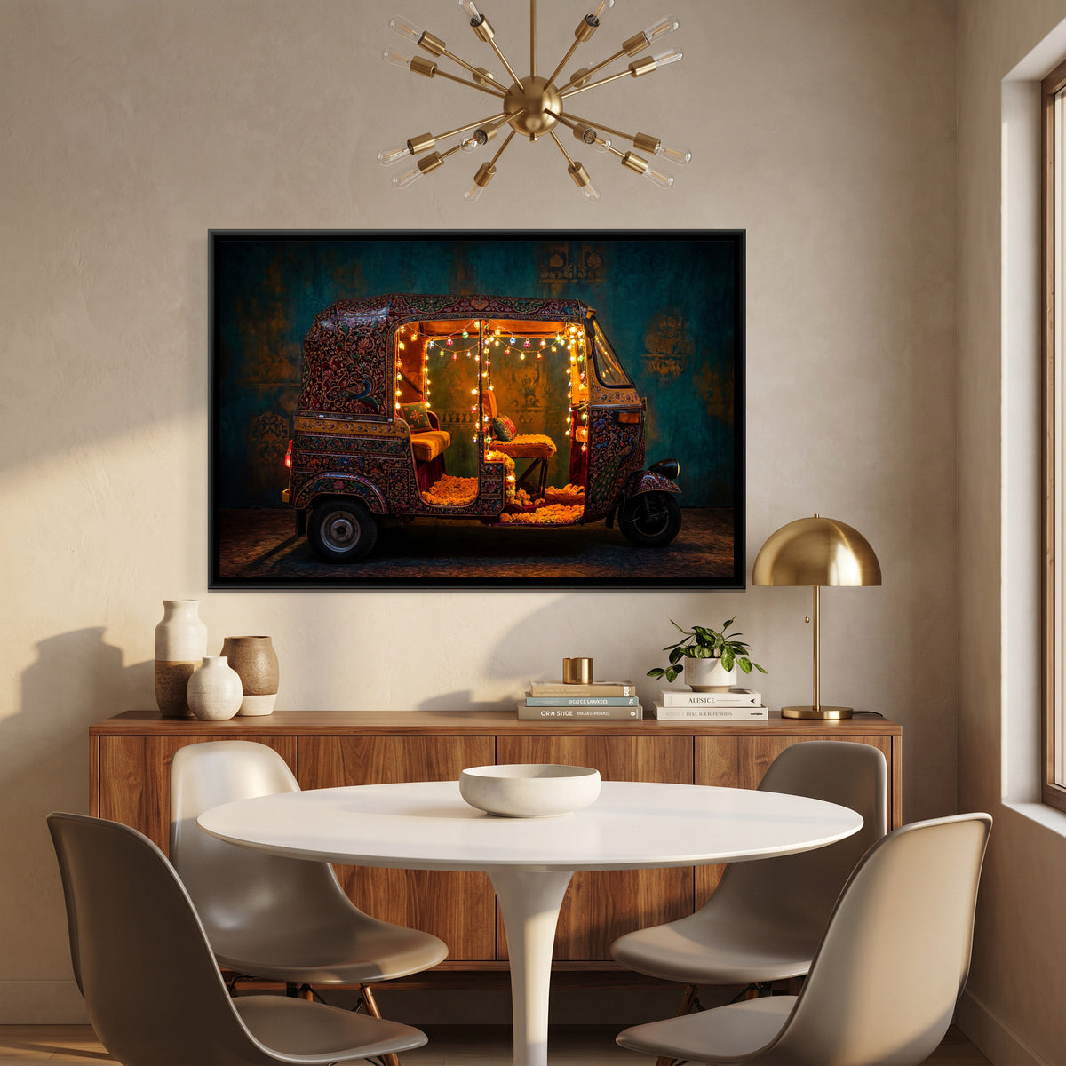 Decorated Auto Rickshaw — canvas art shown in a styled room