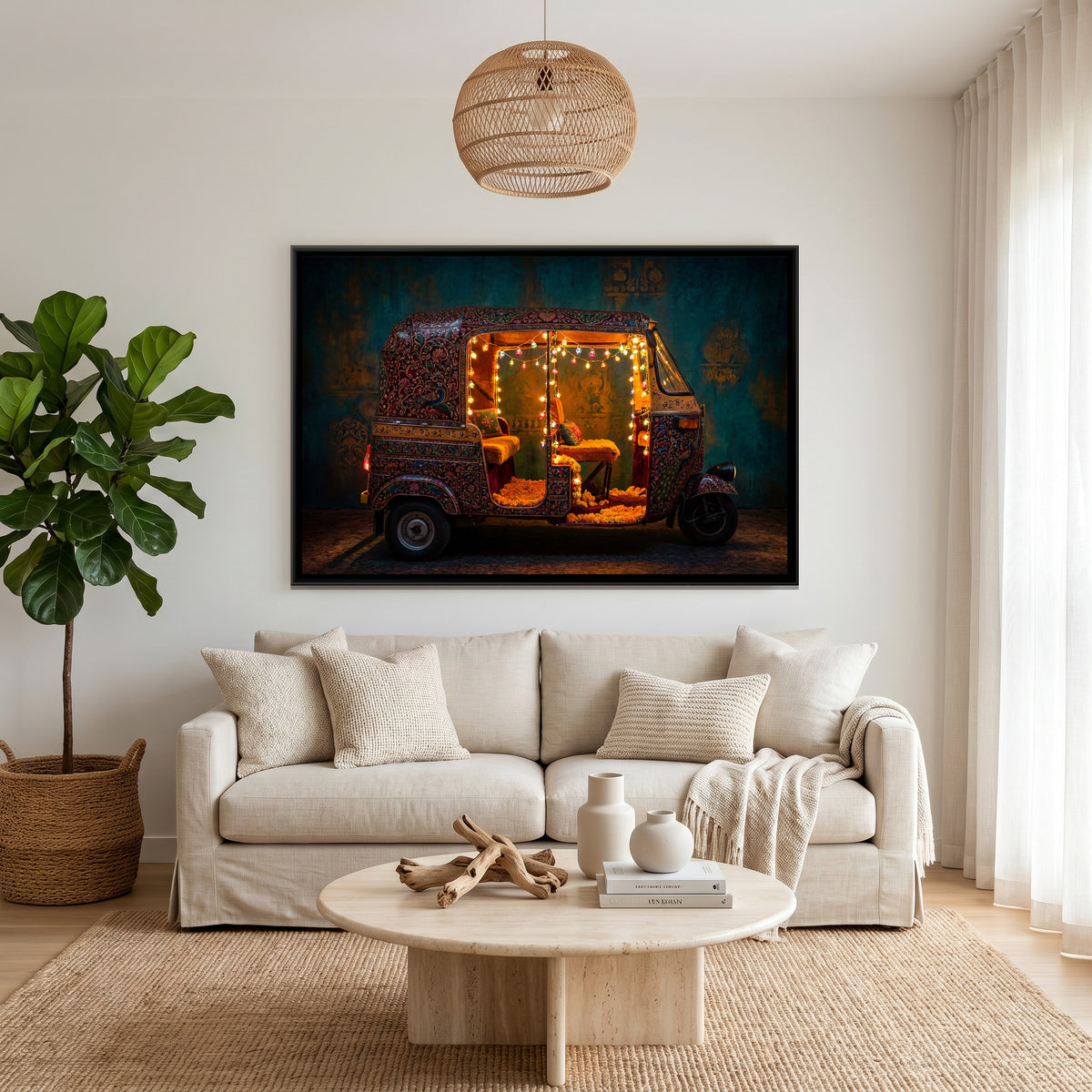 Decorated Auto Rickshaw — canvas art shown in a second room setting