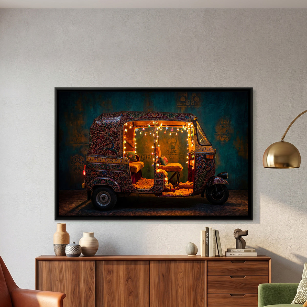 Decorated Auto Rickshaw — framed canvas art hung on a wall