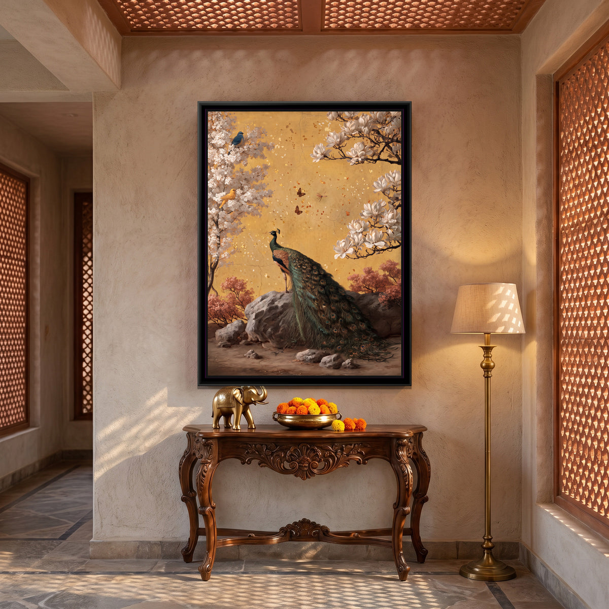 Golden Fresco Peacock — canvas art shown in a styled room