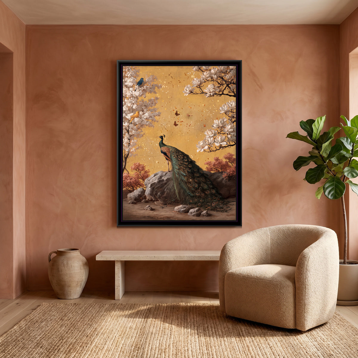 Golden Fresco Peacock — canvas art shown in a second room setting