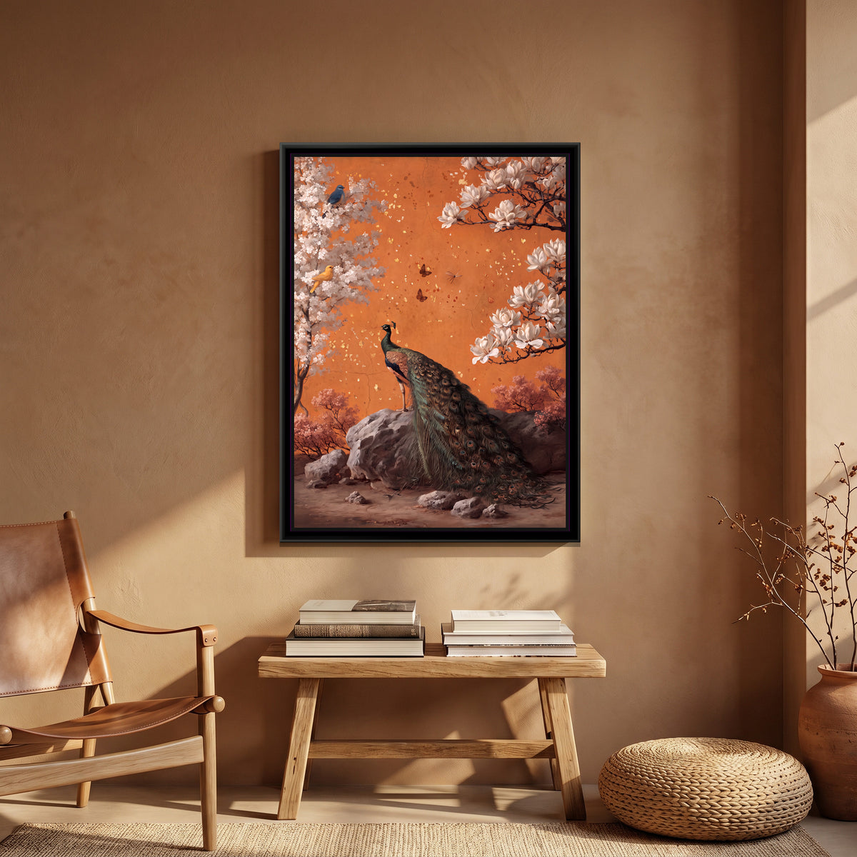 Orange Fresco Peacock — canvas art shown in a second room setting