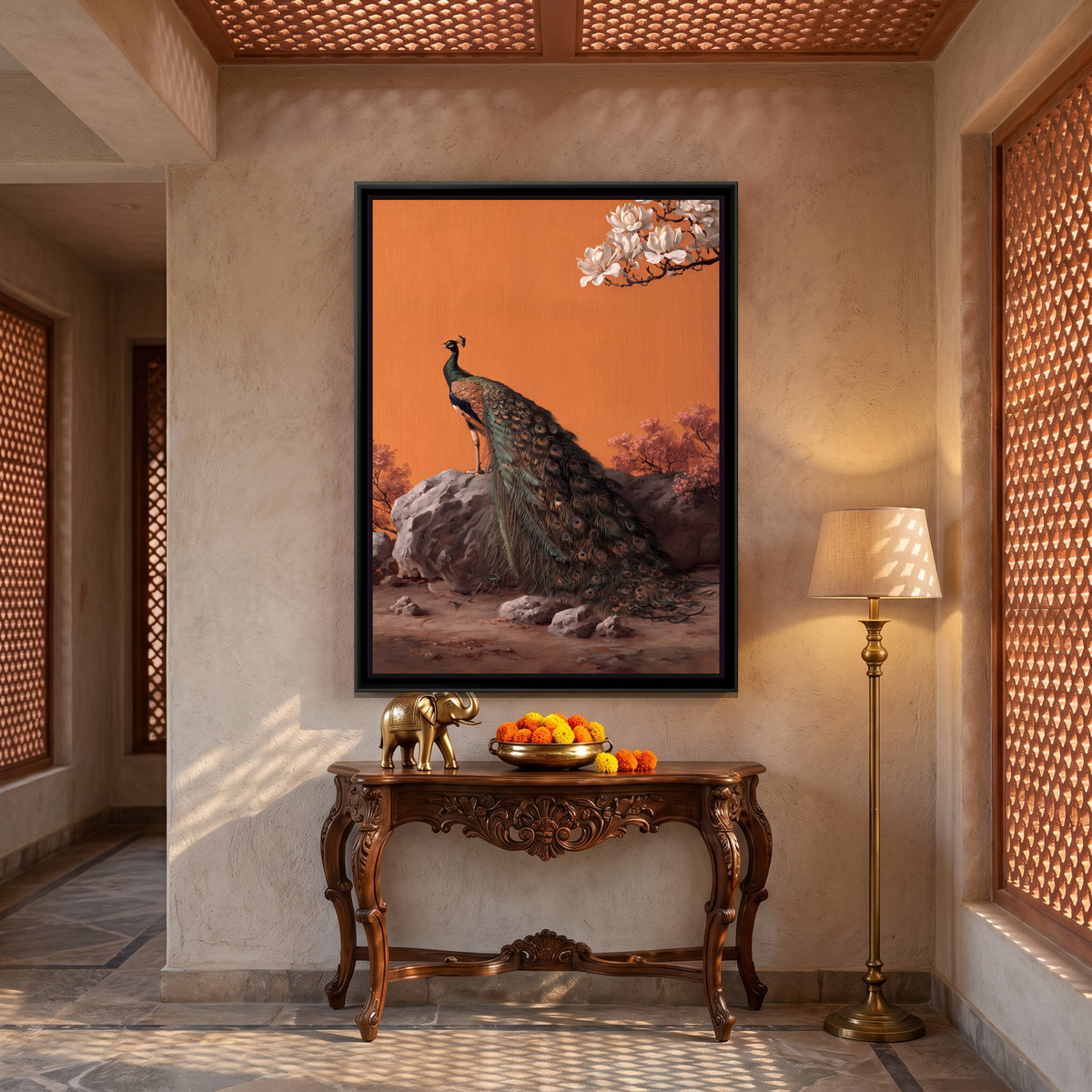 Peacock on Orange — canvas art shown in a second room setting