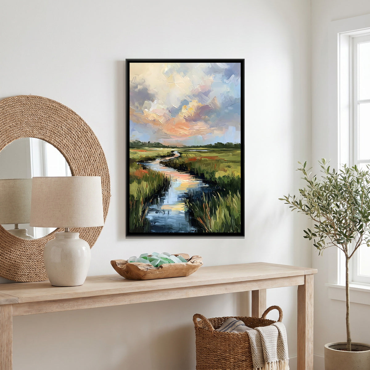 Countryside River — canvas art shown in a styled room