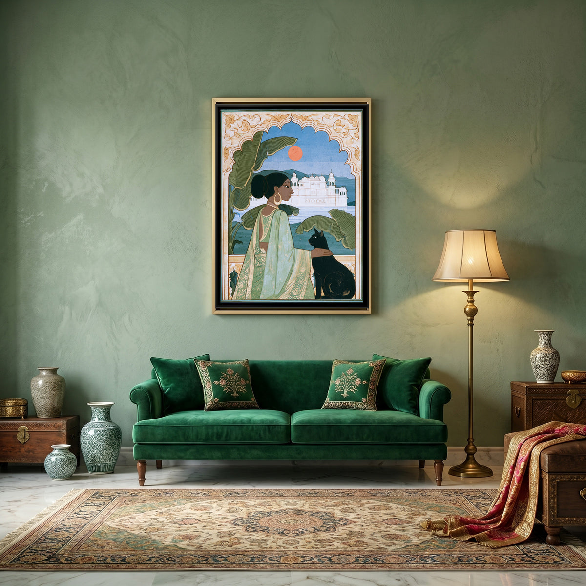Indian Woman with Cat — canvas art shown in a styled room