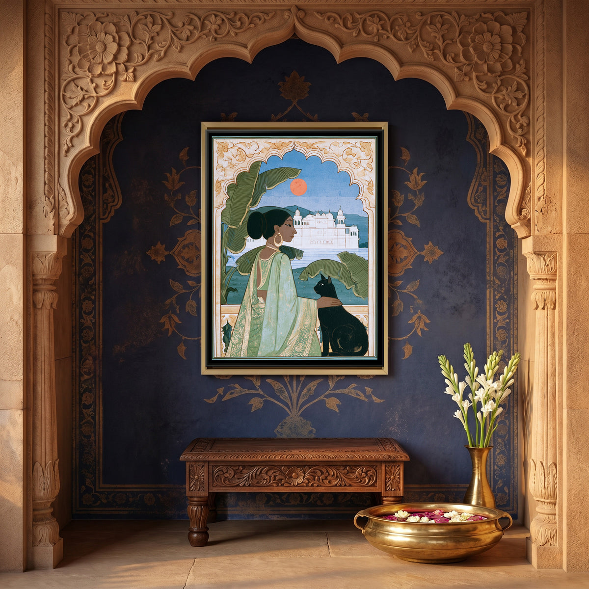 Indian Woman with Cat — canvas art shown in a second room setting
