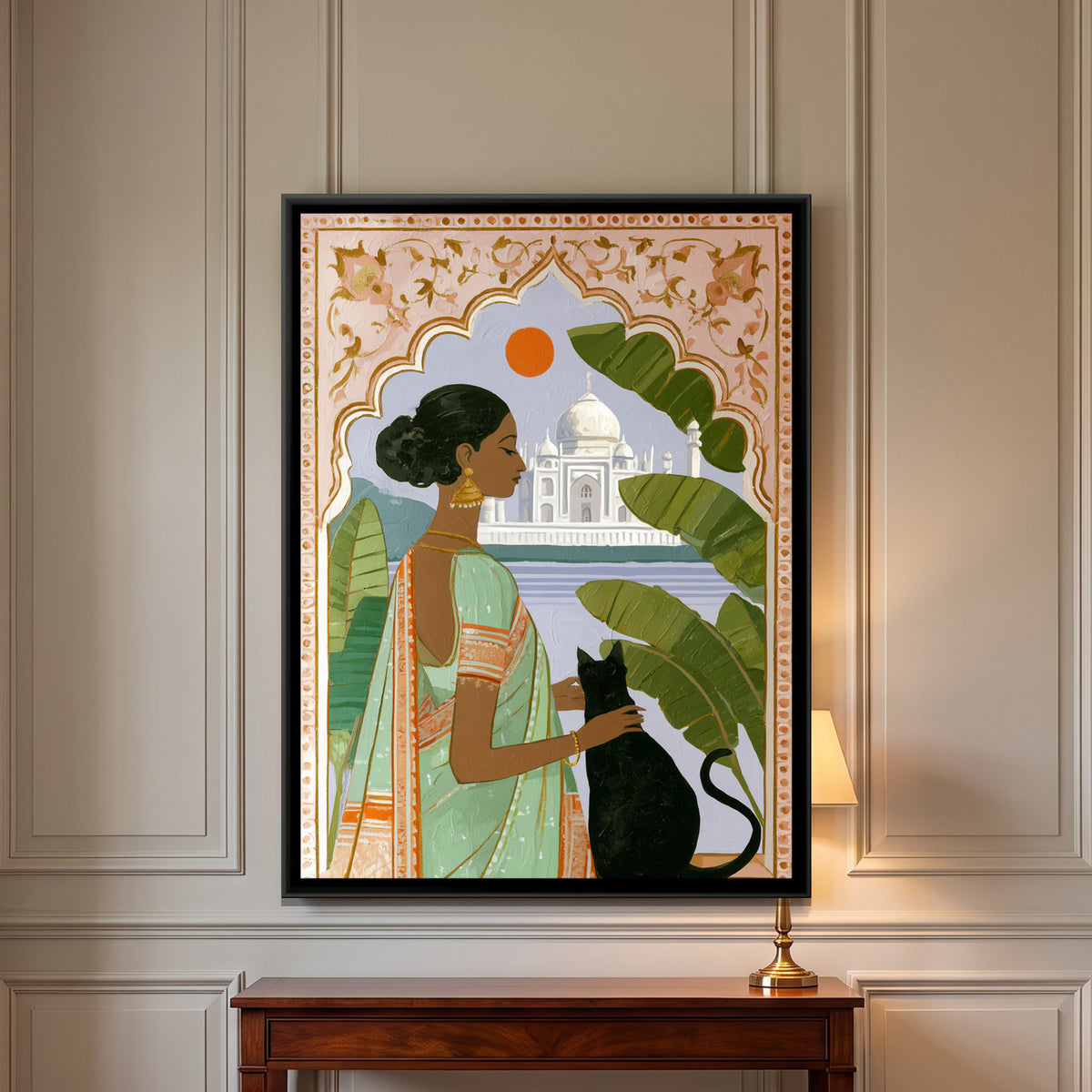 Indian Woman with Cat — framed canvas art hung on a wall