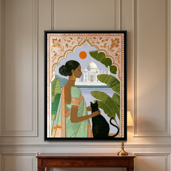 Indian Woman with Cat — framed canvas art hung on a wall