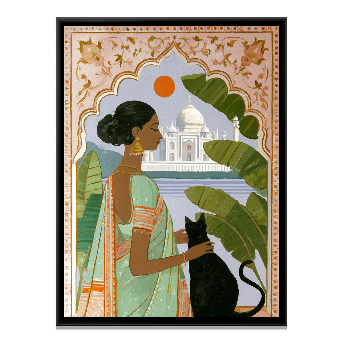 Indian Woman with Cat — framed canvas print, front view