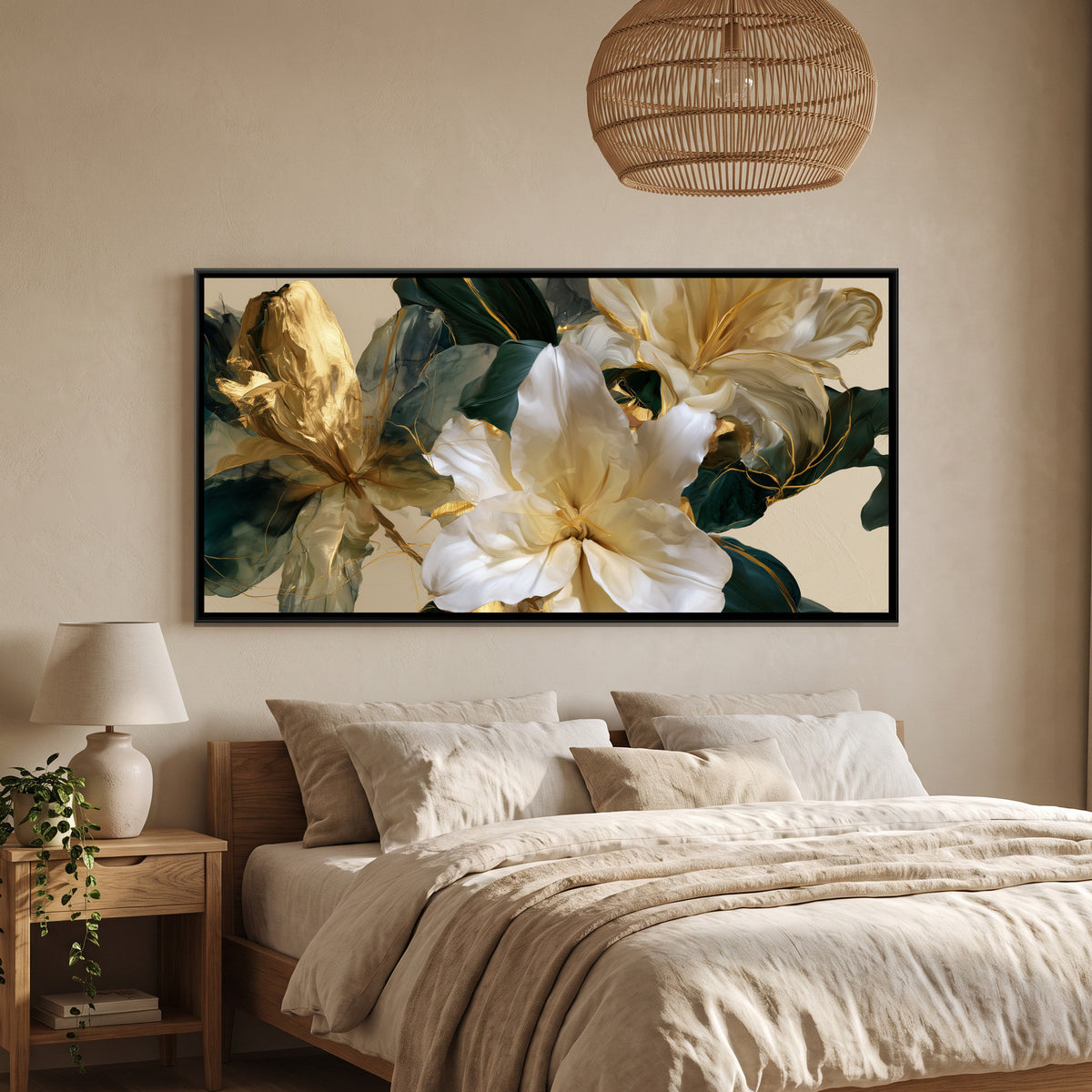 Abstract Lilies — framed canvas art hung on a wall