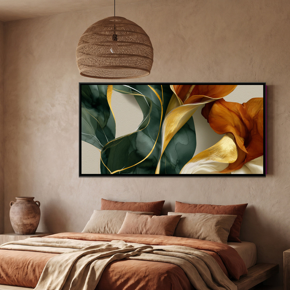 Abstract Lilies — framed canvas art hung on a wall