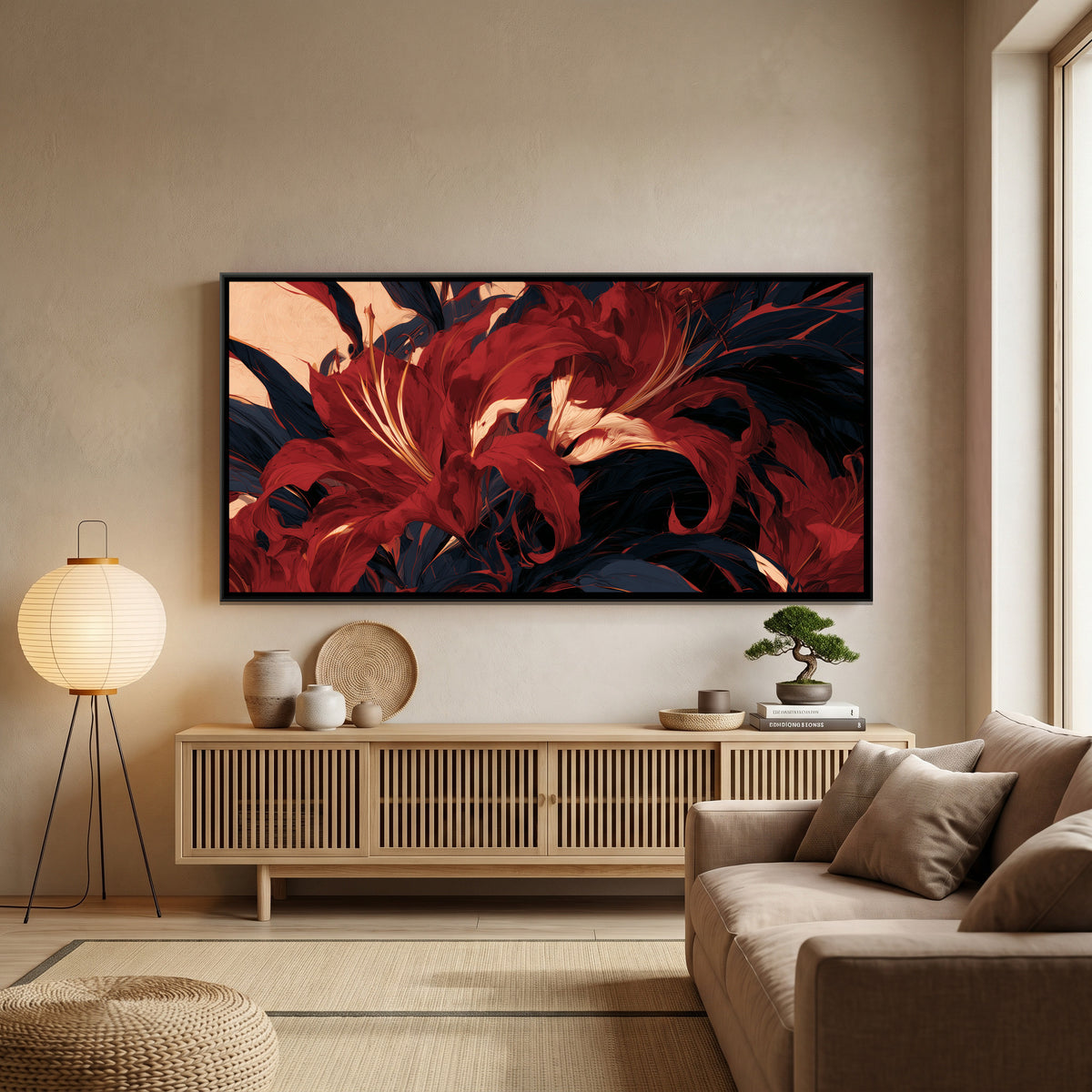 Abstract Lilies — canvas art shown in a second room setting