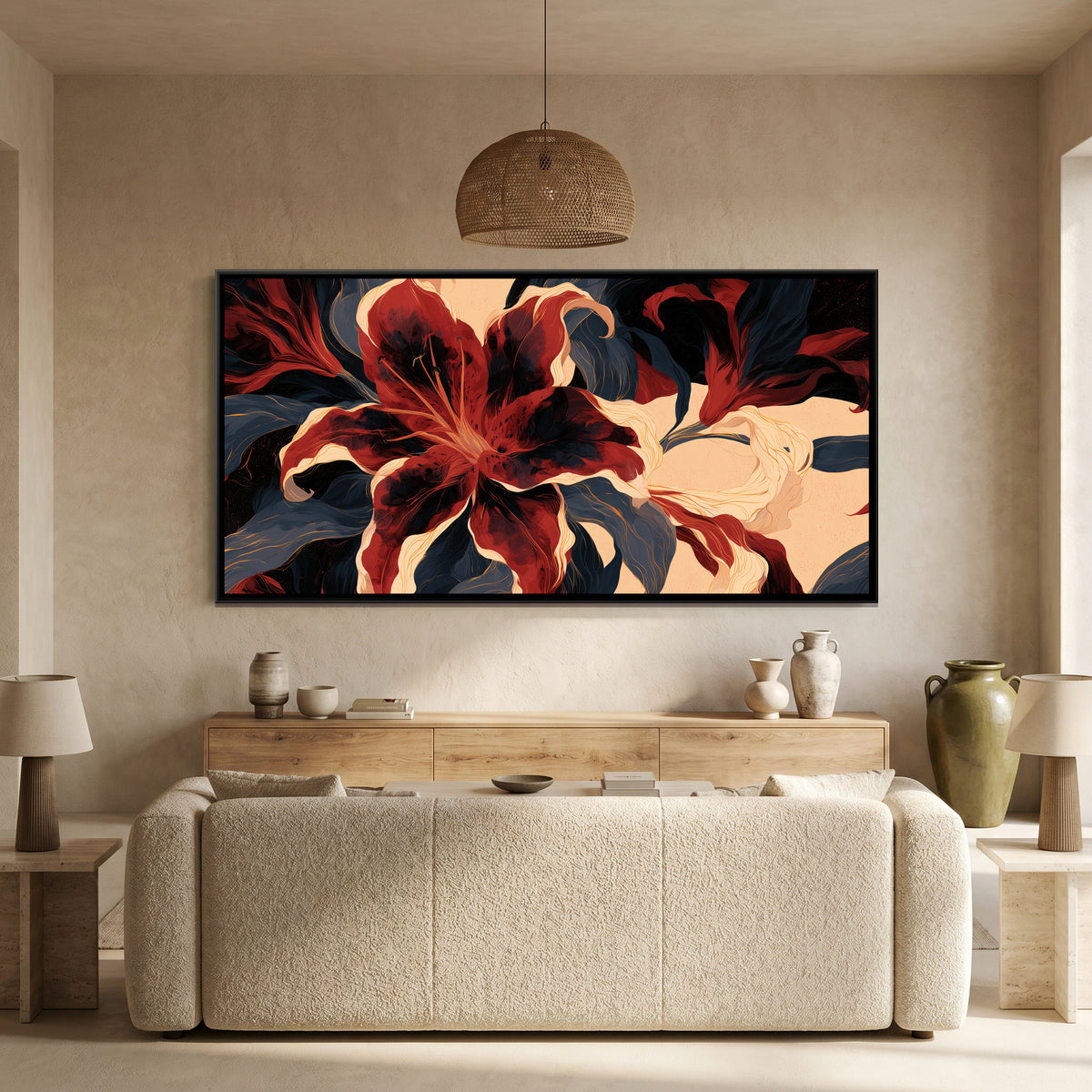 Abstract Lilies — canvas art shown in a styled room