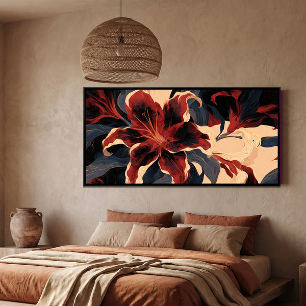 Abstract Lilies — framed canvas art hung on a wall