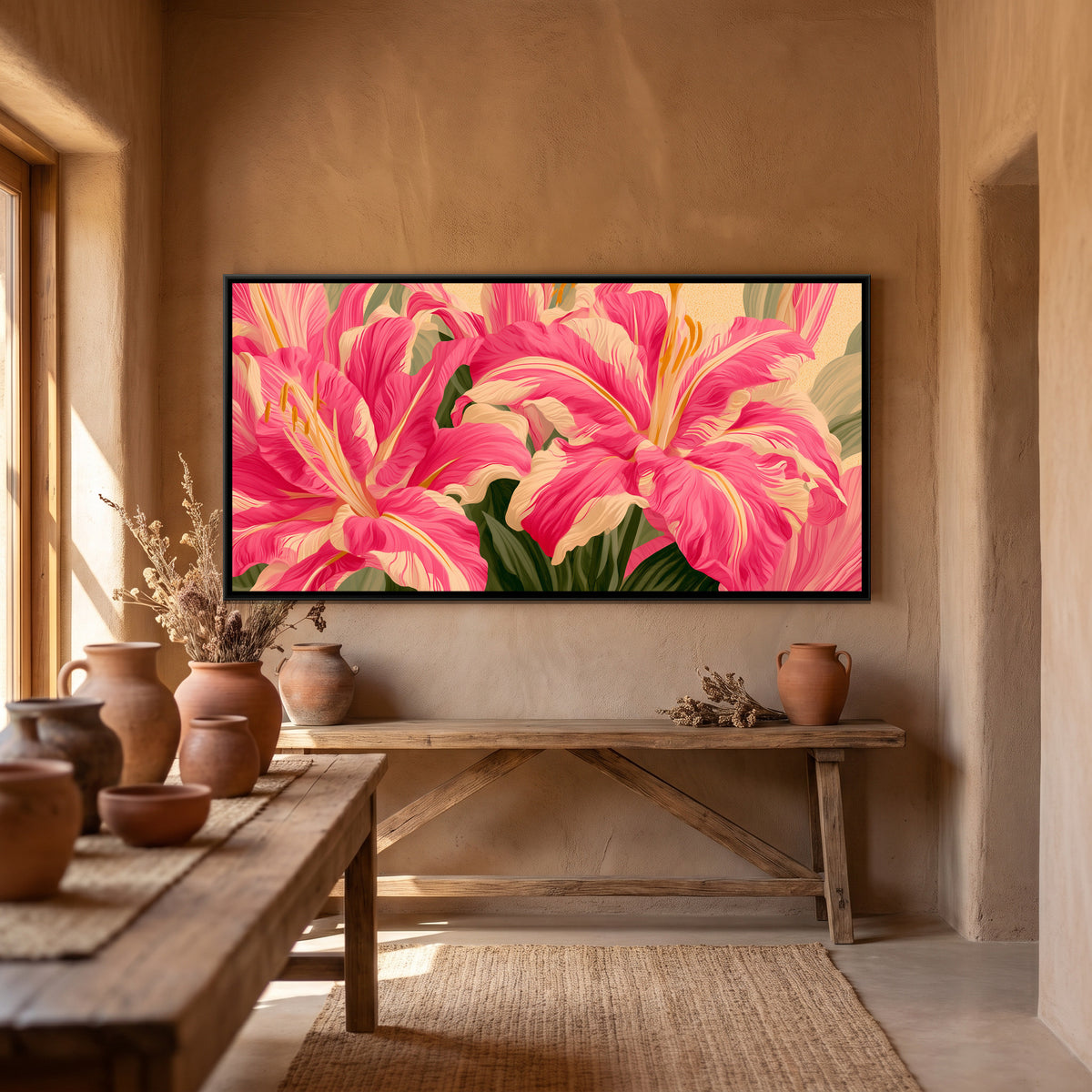Abstract Lilies — canvas art shown in a second room setting