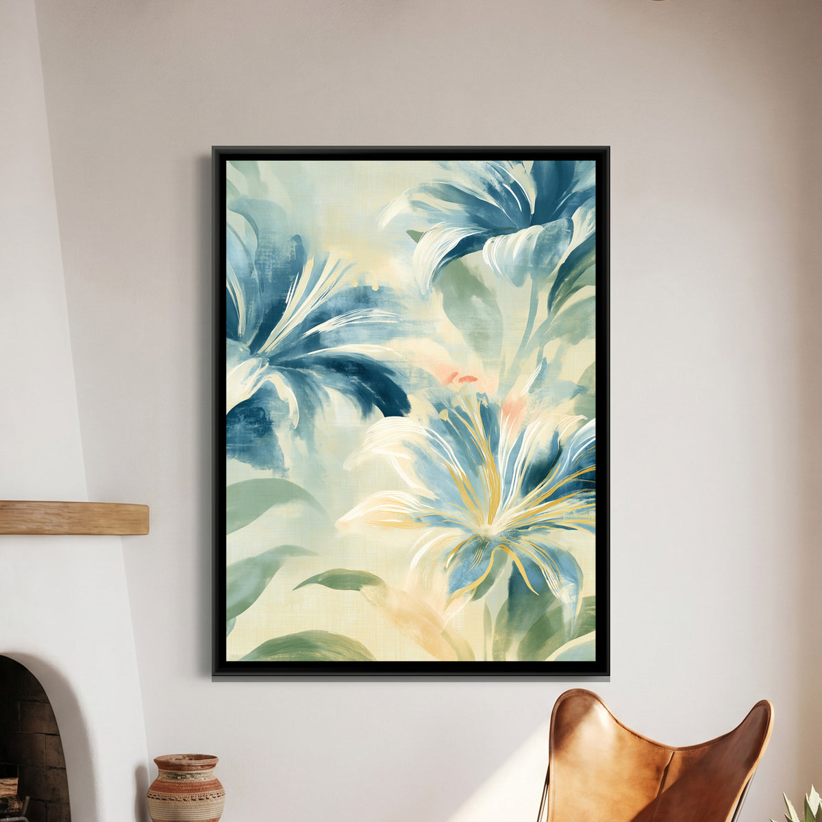 Abstract Lilies — framed canvas art hung on a wall