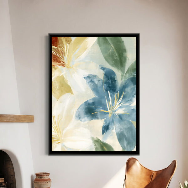 Abstract Lilies — framed canvas art hung on a wall