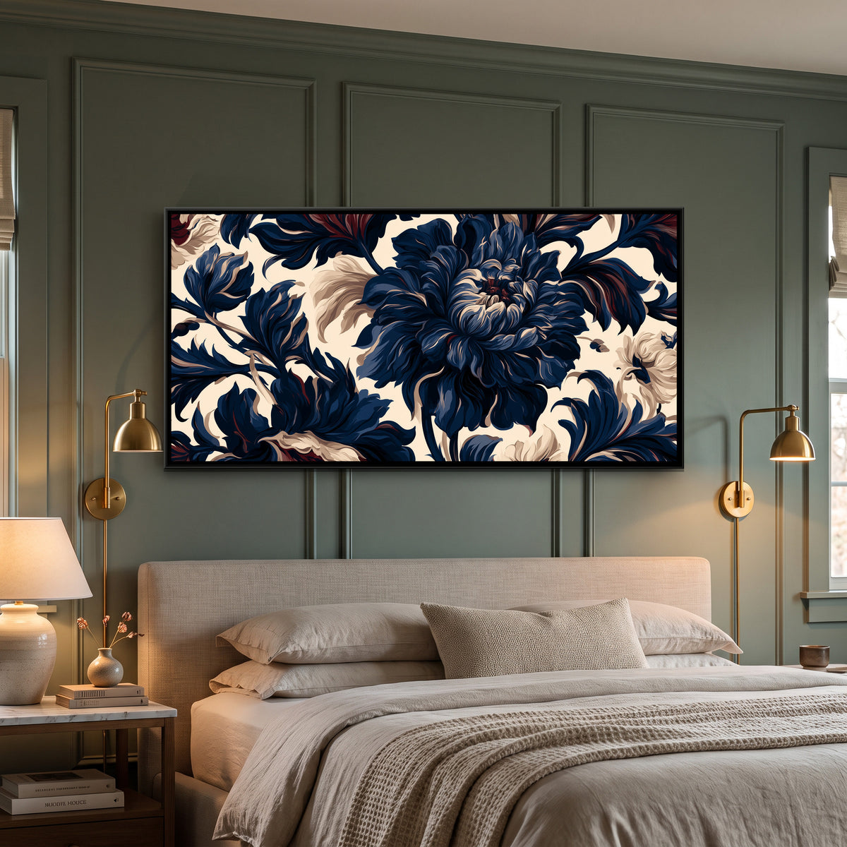 Indigo Floral Pattern — canvas art shown in a styled room