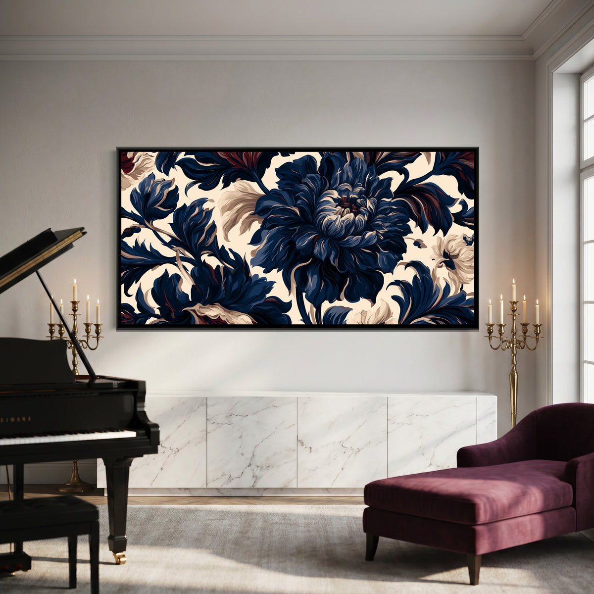 Indigo Floral Pattern — canvas art shown in a second room setting
