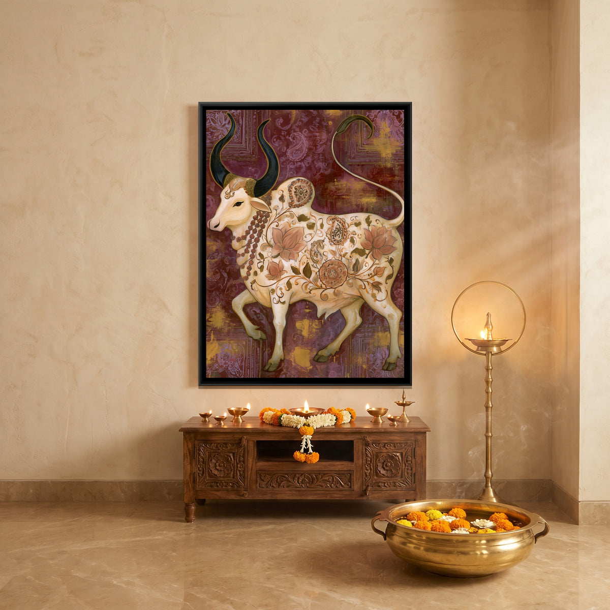 Nandi Ji — canvas art shown in a styled room