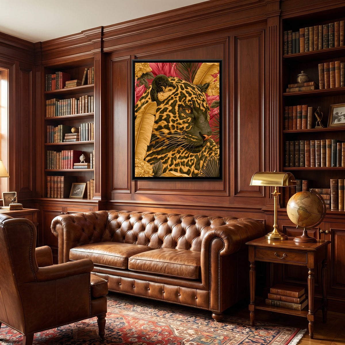 Leopard in Tropical Leaves — canvas art shown in a styled room