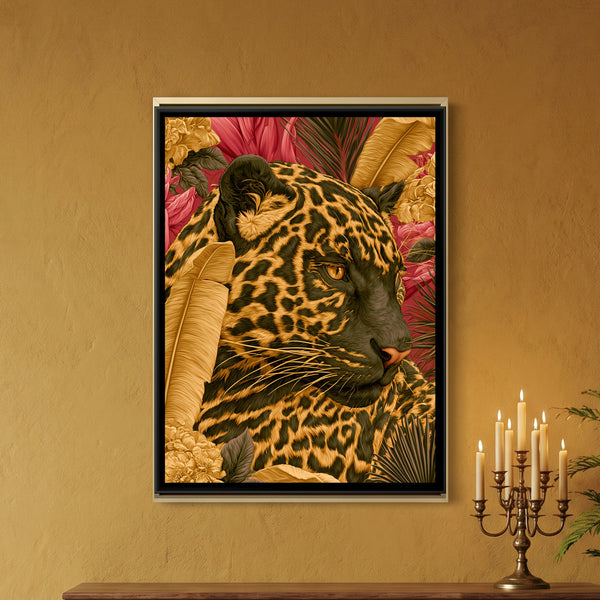 Leopard in Tropical Leaves — framed canvas art hung on a wall