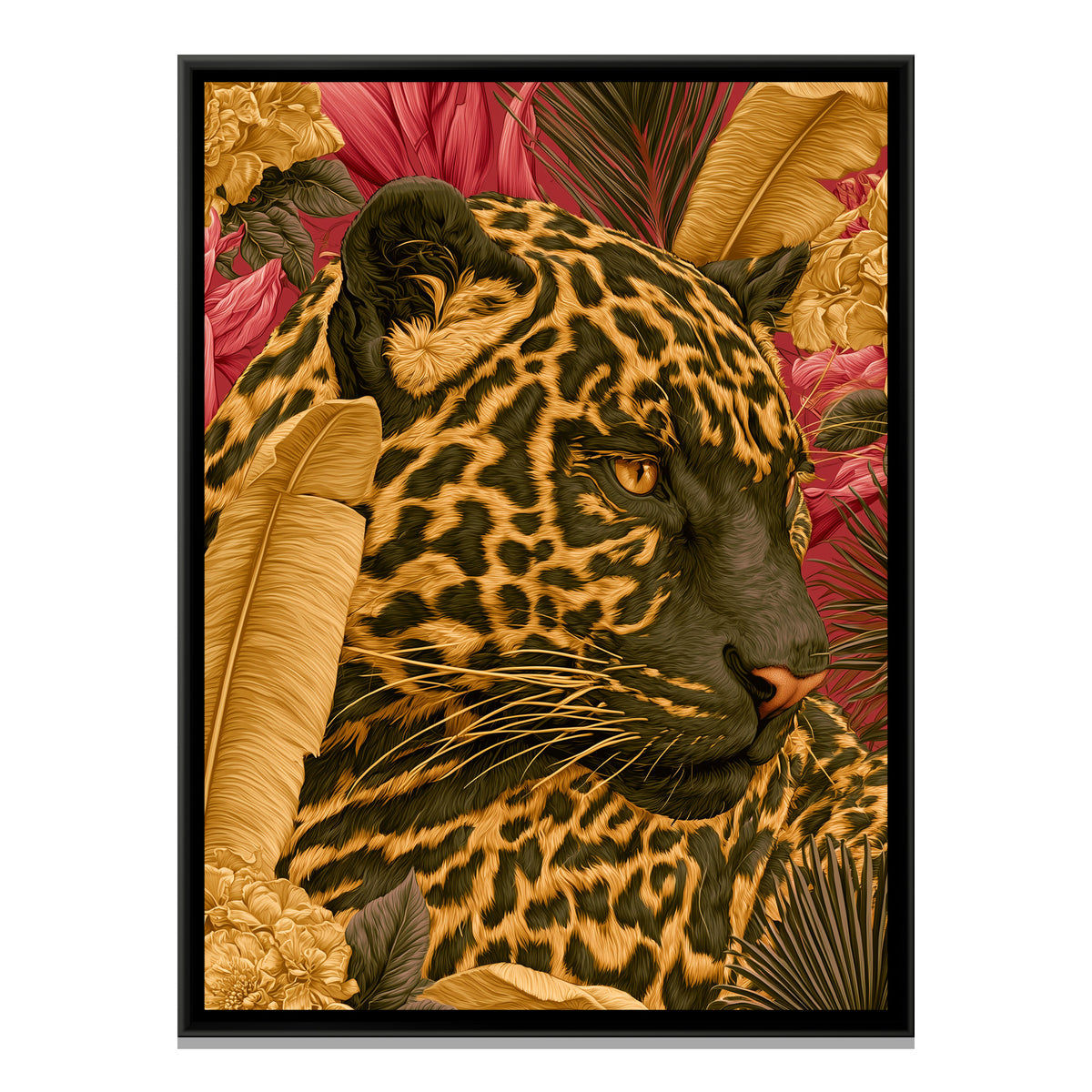 Leopard in Tropical Leaves — framed canvas print, front view