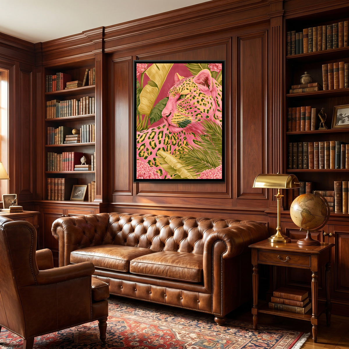 Pink Leopard — canvas art shown in a styled room