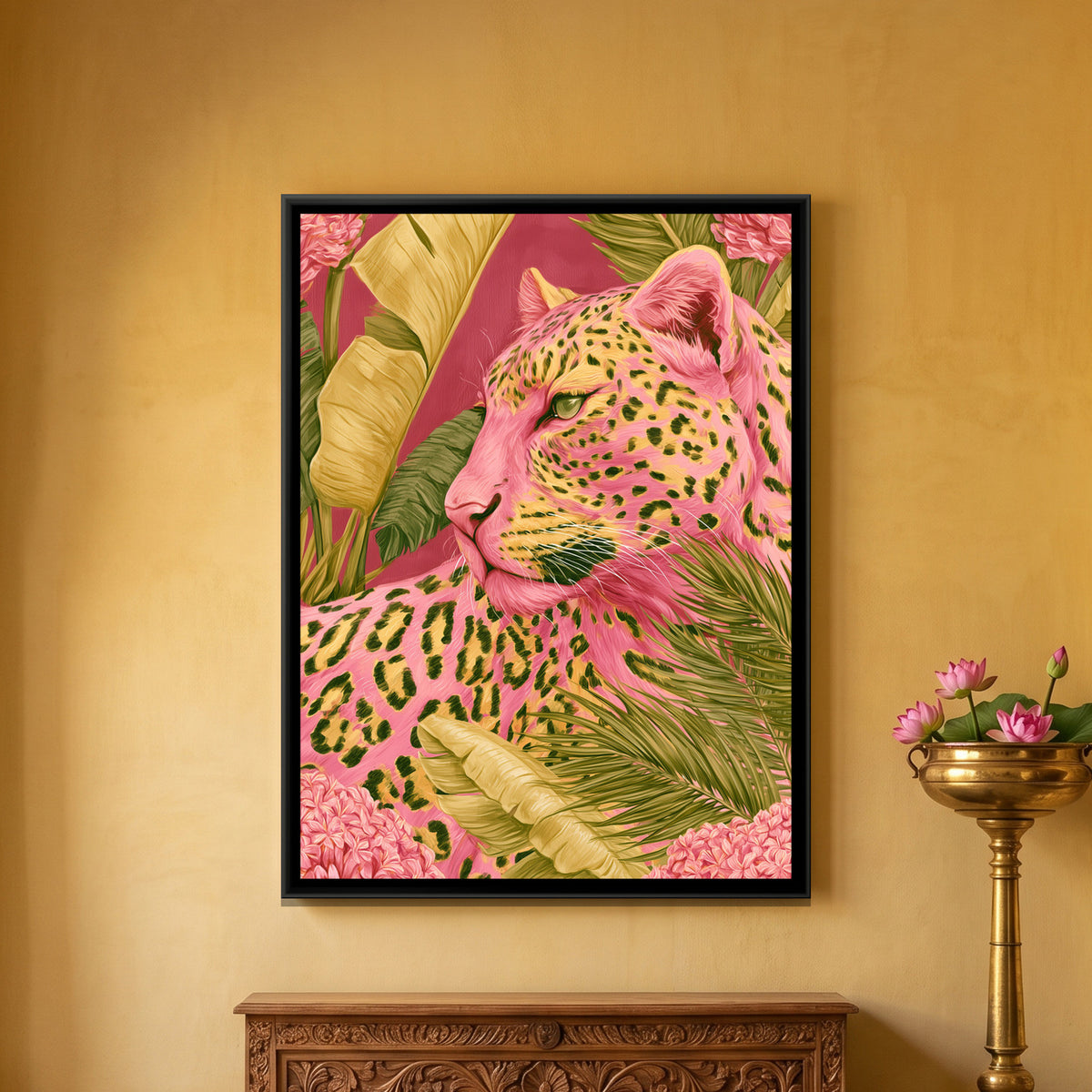 Pink Leopard — framed canvas art hung on a wall