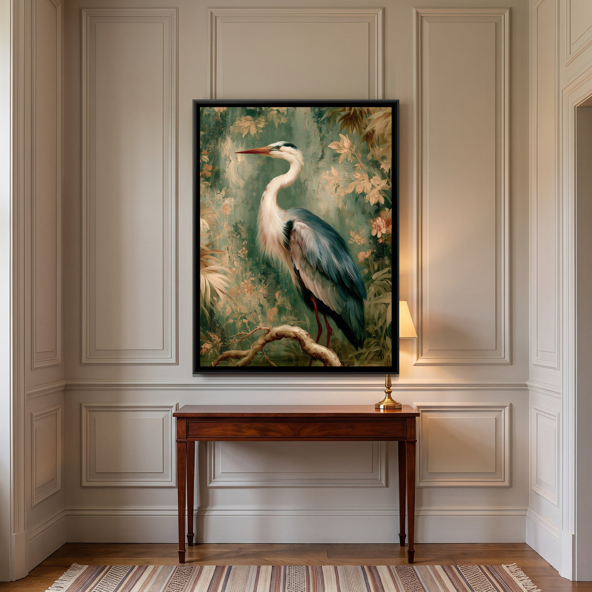 Chinoiserie Heron — canvas art shown in a styled room