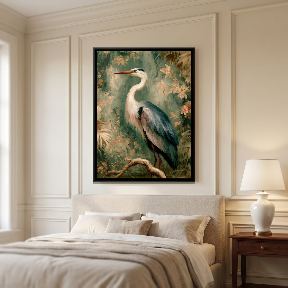 Chinoiserie Heron — canvas art shown in a second room setting