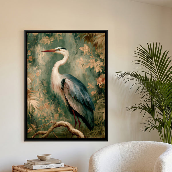 Chinoiserie Heron — framed canvas art hung on a wall
