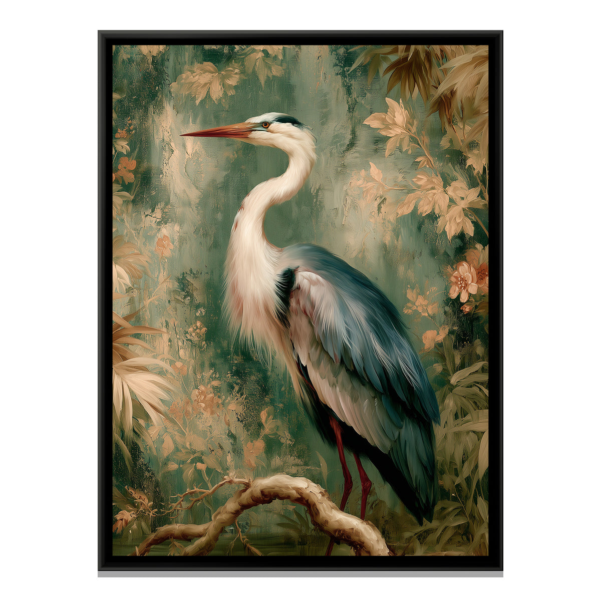 Chinoiserie Heron — framed canvas print, front view