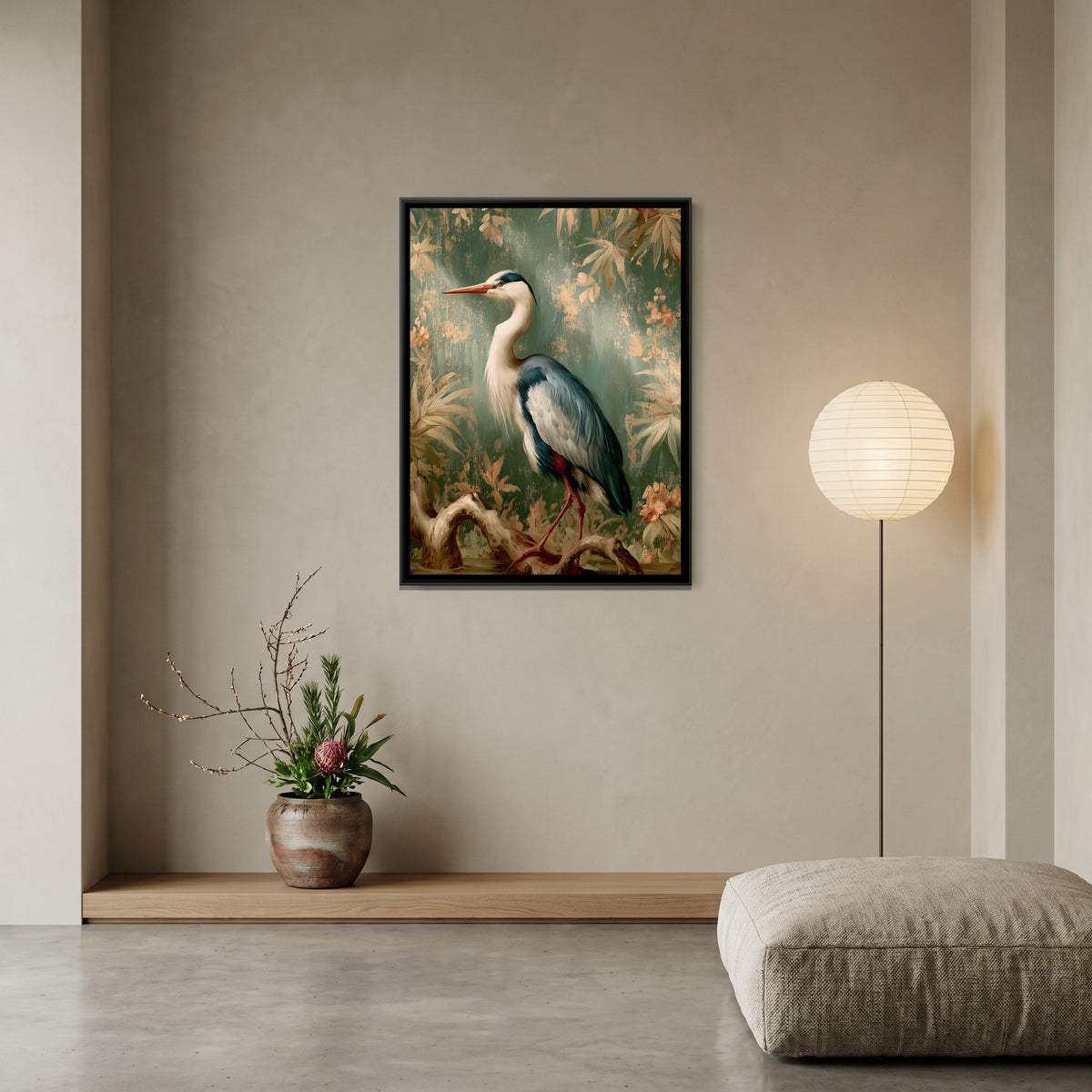 Chinoiserie Heron — canvas art shown in a second room setting